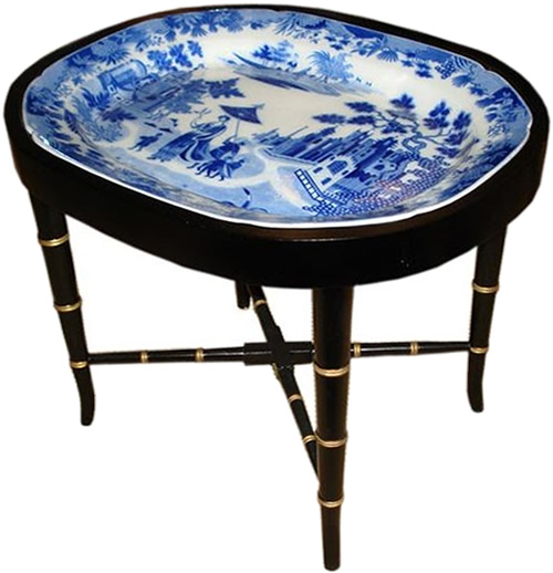 Blue and White Chinoiserie Tray Table on Black Lacquer and Gilt Frame