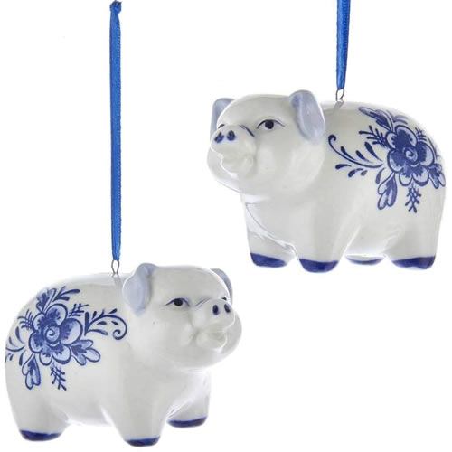 Kurt Adler Blue and White Porcelain Delft Pig Ornaments