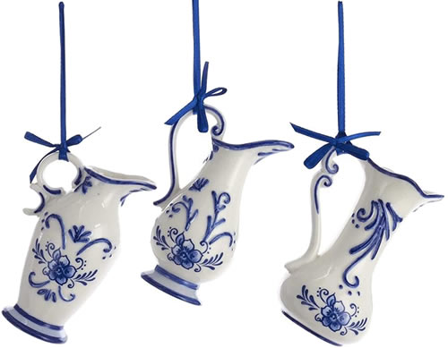 Kurt Adler Blue and White Porcelain Delft Pitcher Ornaments