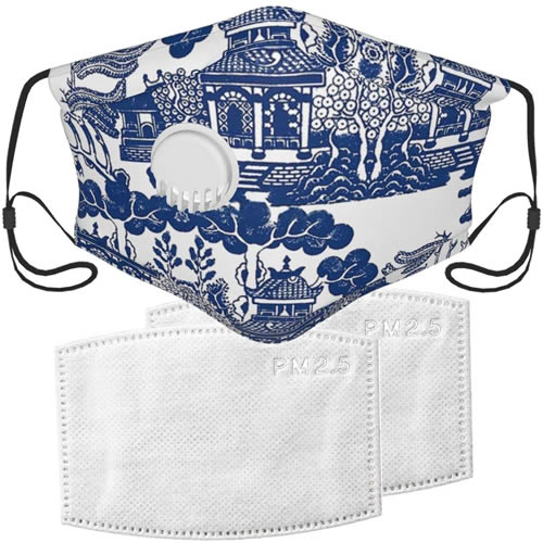 Blue Willow Chinoiserie Blue and White Porcelain Inspiration Face Mask with Adjustable Straps and Filters