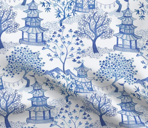 Spoonflower Pagoda Forest in Blues fabric by Danika Herrick