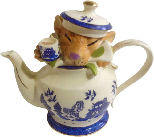 Paul Cardew Alice in Wonderland Mad Hatter Tea Party Tea Pot has the Dormouse in the tea pot holding a cup of tea.