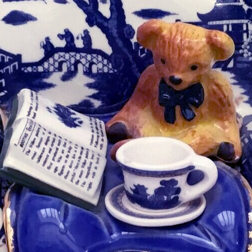 Details of the Teddy Bear, Book and Blue Willow Teacup and Saucer