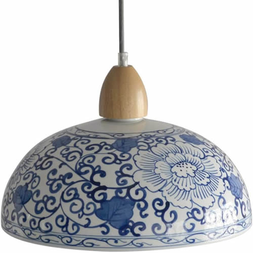 White Porcelain Pendant with Wood Accents and Blue Hand-painted Pattern