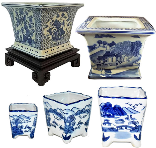 Blue Willow and Blue and White Chinoiserie Square Planters