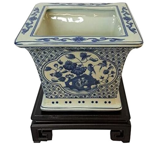 Blue and White Chinoiserie Square Planter on Ebony Wood Stand