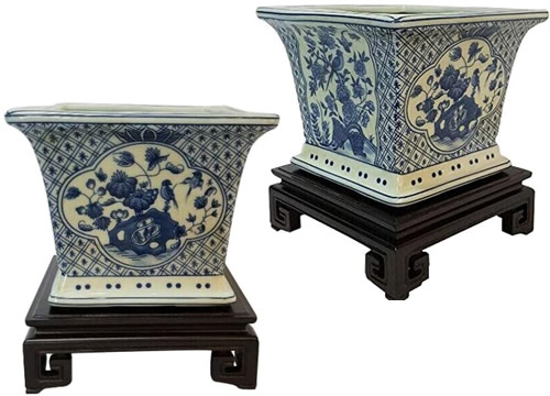 Blue and White Chinoiserie Square Planters on Ebony Wood Stands