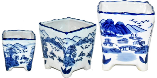 Blue and White Landscape Small Square Plant Pots in 3 sizes