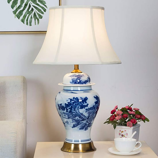 Chinese Farmer Landscape Blue and White Porcelain Table Lamp