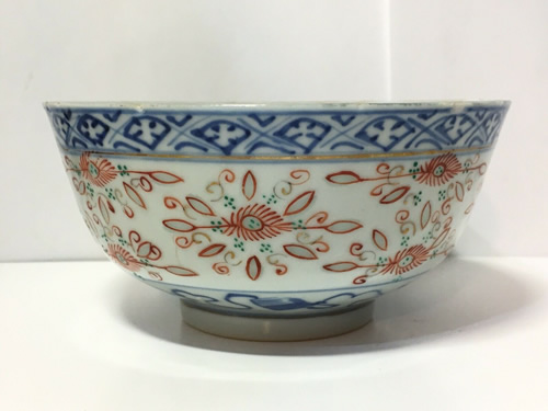 Rice Pattern China Porcelain Bowl with painted decoration in cobalt and other colors