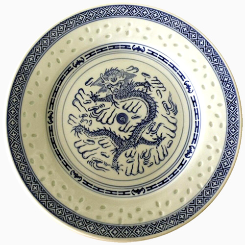 Rice Pattern China Porcelain Plate with Dragon Motif in Cobalt Blue