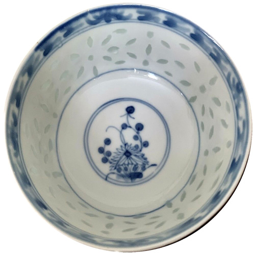 Rice Pattern China with Cobalt Blue Chrysanthemum Flower and Transfer Border