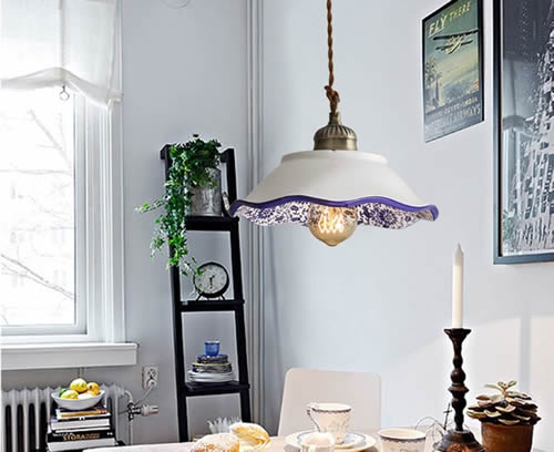 Farmhouse Style Blue and White Bowl Pendant with Piecrust Edge