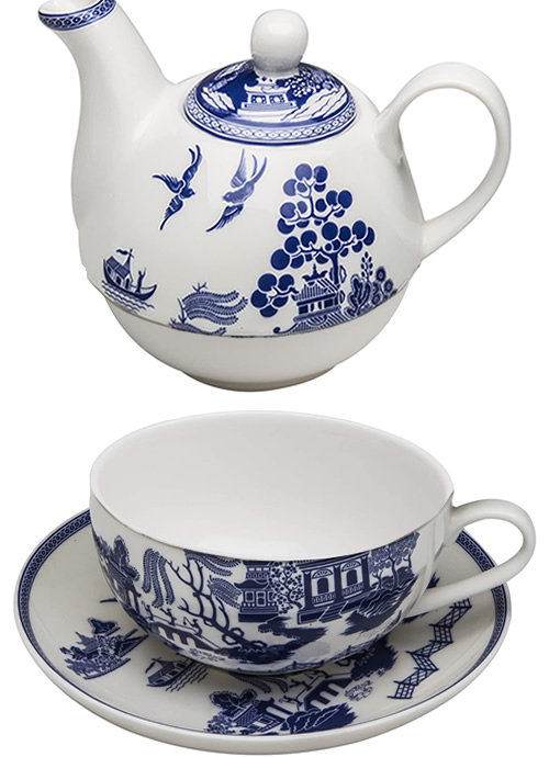 Grace Teaware Bone China Blue Willow Tea For One Cup, Saucer and Teapot with Lid
