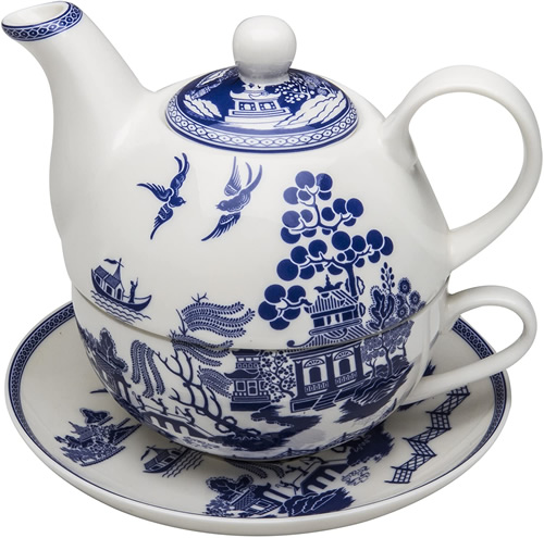 Grace Teaware Bone China Blue Willow Tea For One Cup, Saucer and Teapot with Lid