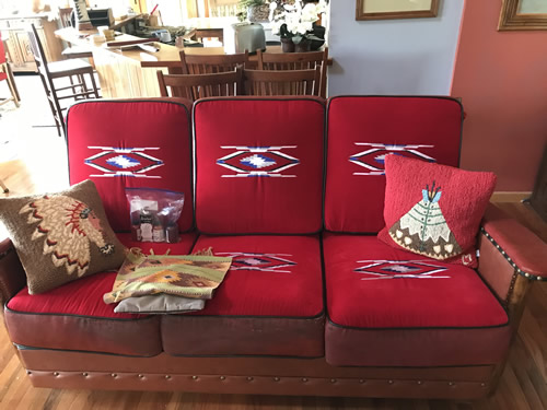 This looks like a Marc Taggart sofa with wool Chimayo weavings on the cushions Marc Taggart: Luxury Ranch Furniture in the Molesworth Tradition