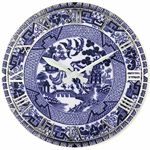 Blue Willow Clock with White hands and Silver Roman Numerals