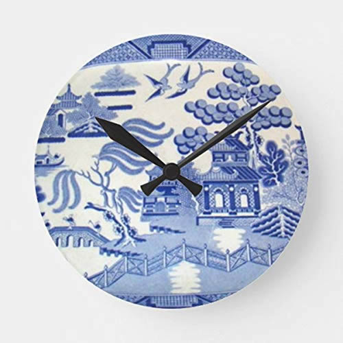 Contemporary Blue Willow Wall Clock with Black Hands