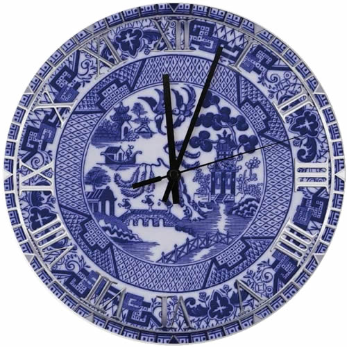 Blue Willow Clock with Black hands and Silver Roman Numerals