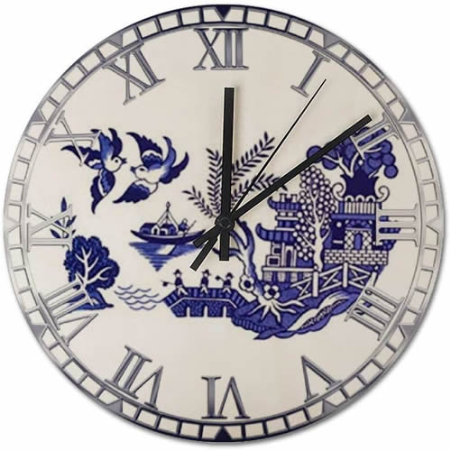 Wood Wall Clock with Blue Willow Motif