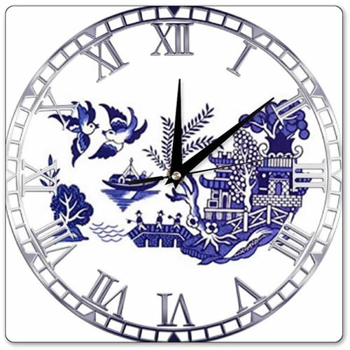 Square Wall Clock with Blue Willow Scene