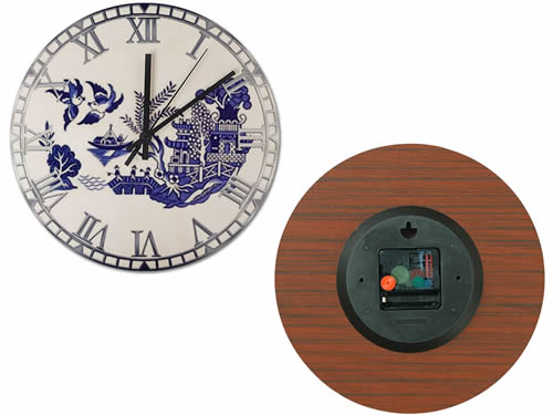 Front and Back of Wood Wall Clock with Blue Willow Motif