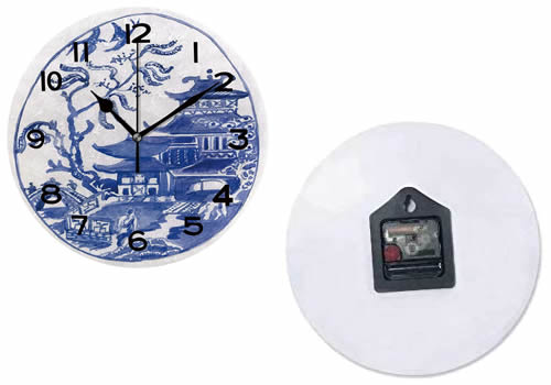 Front and Back of Wall Clock with Hand-painted-look Blue Willow Pagoda, Willow Scene