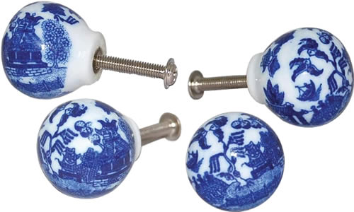 Blue Willow Cabinet Knobs with the Blue Willow Pattern under the fired on clear glaze will not wear off.