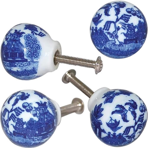 Blue Willow Cabinet Knobs with the Blue Willow Pattern under the fired on clear glaze will not wear off.