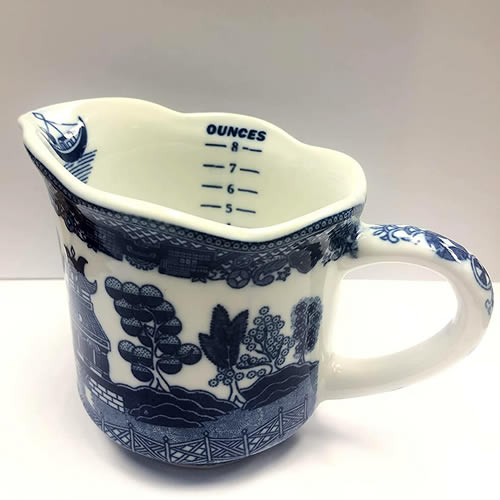 Blue Willow Measuring Cup with Cups and Ounces markings inside