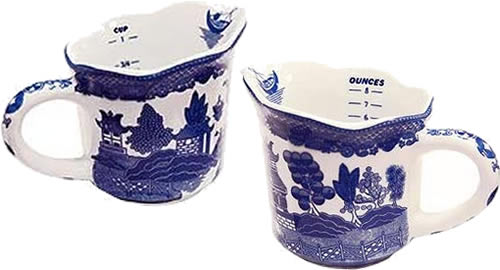 Blue Willow Measuring Cup with Cups and Ounces markings inside