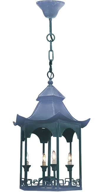 Distressed Dark Blue Shades on the A&B Home FD38410 Pagoda Chandelier from the Florence de Dampierre Collection