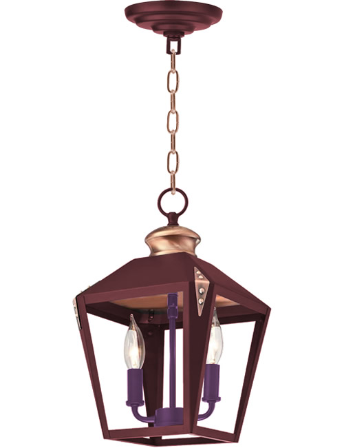 Rich Red with a pop of unexpected color on the purple socket cluster on the Westinghouse Valley Forge Pendant with Copper Accents