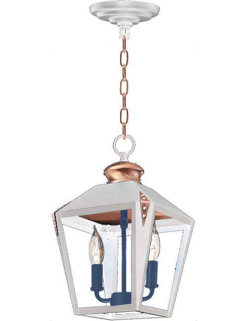 White Painted body and Canopy and a Blue Painted Socket Cluster on the Westinghouse Valley Forge Pendant with Copper Details