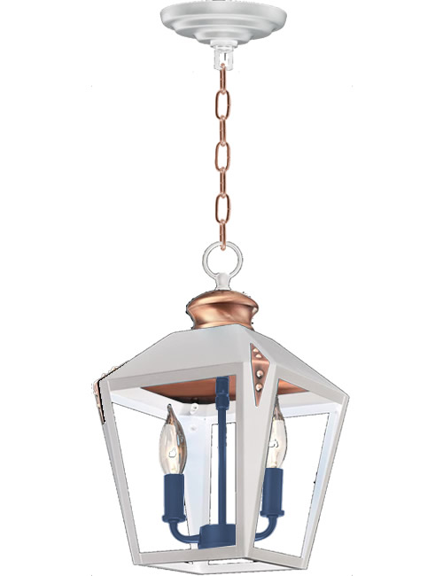 White Painted body and Canopy and a Blue Painted Socket Cluster on the Westinghouse Valley Forge Pendant with Copper Details