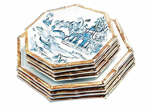 Ballard Designs Bamboo Melamine Dinner Plates with just the bamboo at the edge and Accent Plates with the Blue Willow scene and bamboo at the edge