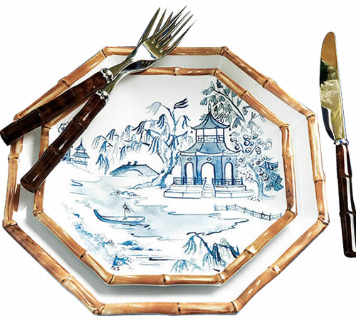 Ballard Designs Bamboo Melamine Dinner Plate with just the bamboo at the edge and Accent Plate with the Blue Willow scene and bamboo at the edge