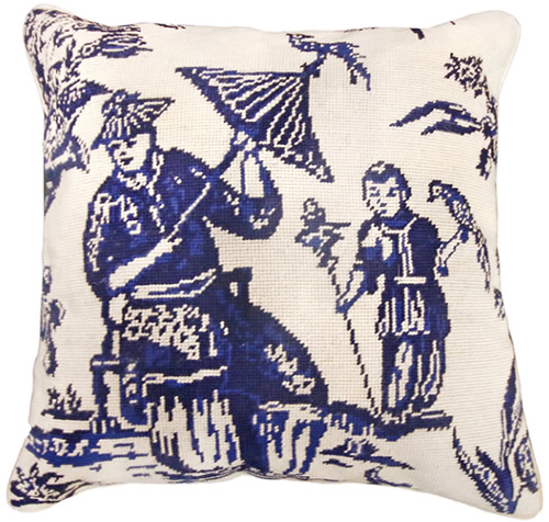 Michaelian Home NCU492A Blue Boy with Bird 18" x 18" Blue Willow Needlepoint Pillow