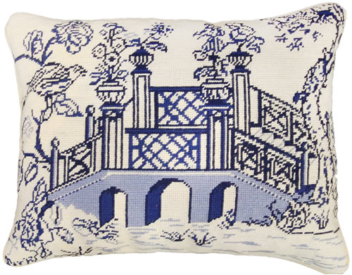 Michaelian Home NCU490A Blue Bridge 16" x 20" Blue Willow Needlepoint Pillow