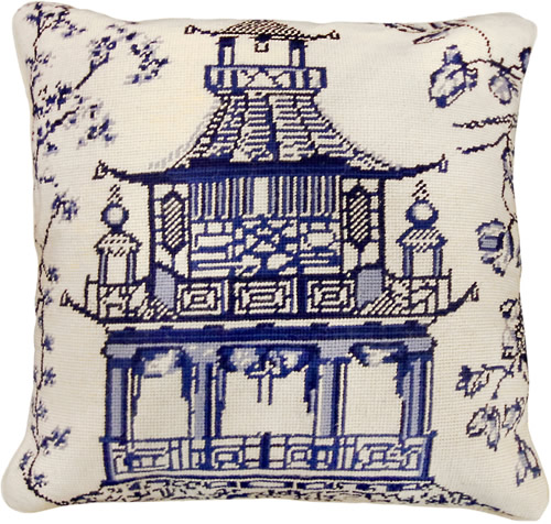 Michaelian Home NCU488A Blue Pagoda 18" x 18" Blue Willow Needlepoint Pillow