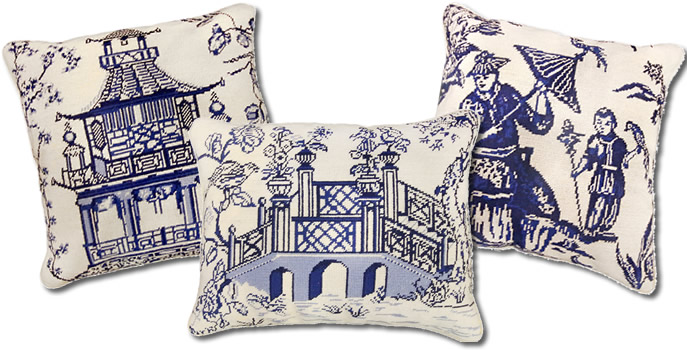 Michaelian Home Blue Willow Needlepoint Pillows