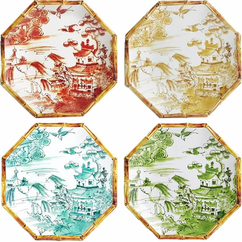 Pier 1 Chinoiserie Melamine Dinnerware with Bamboo Edge and Willow Scene in Orange, Yellow, Turquoise and Green