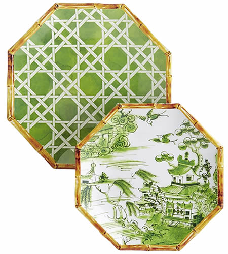 Pier 1 Green Lattice Melamine Plate and Coordinating Green Chinoiserie Accent Plate with Blue Willow Scene