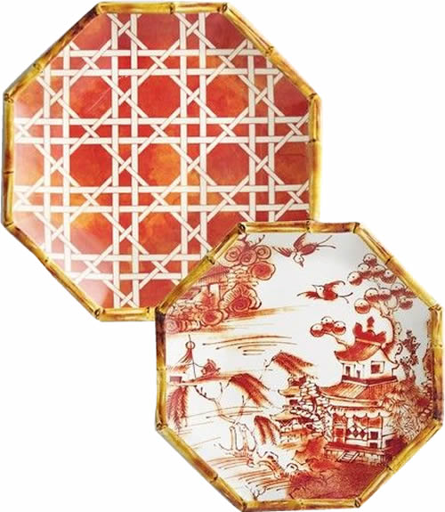 Pier 1 Orange Lattice Melamine Plate and Coordinating Orange Chinoiserie Accent Plate with Blue Willow Scene