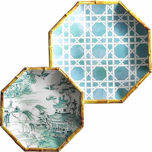 Pier 1 Turquoise Lattice Melamine Plate and Coordinating Turquoise Chinoiserie Accent Plate with Blue Willow Scene