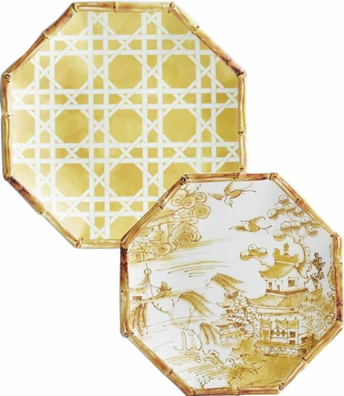 Pier 1 Yellow Lattice Melamine Plate and Coordinating Yellow Chinoiserie Accent Plate with Blue Willow Scene