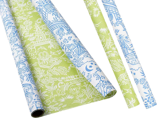 Caspari Pagoda Toile Green and Blue with White Reversible Wrapping Paper