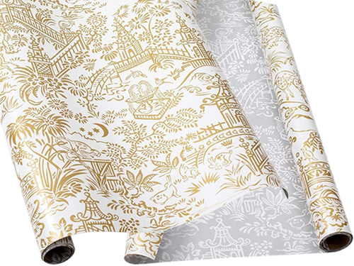 Caspari Pagoda Toile Gold and Silver Reversible Wrapping Paper