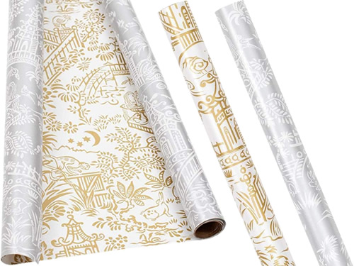 Caspari Pagoda Toile Reversible Wrapping Paper in Gold and Silver