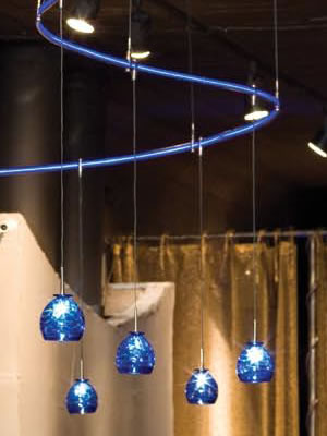 Curved LED Illuminated Monorail with Blue LED Generator and Gelato Pendants in Blue, Cable suspended